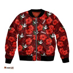 Tonga Rugby Bomber Jacket Polynesian Style With Hibiscus