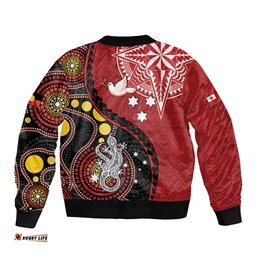 Tonga Ngatu And Australia Aboriginal Sleeve Zip Bomber Jacket Tongan Dove And Kangaroo Together