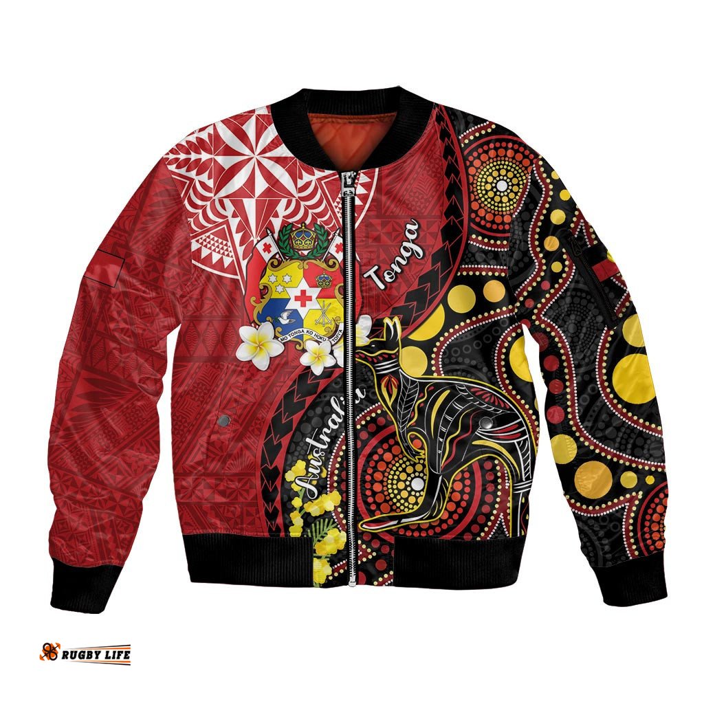 Tonga Ngatu And Australia Aboriginal Sleeve Zip Bomber Jacket Tongan Dove And Kangaroo Together