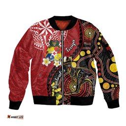 Tonga Ngatu And Australia Aboriginal Sleeve Zip Bomber Jacket Tongan Dove And Kangaroo Together