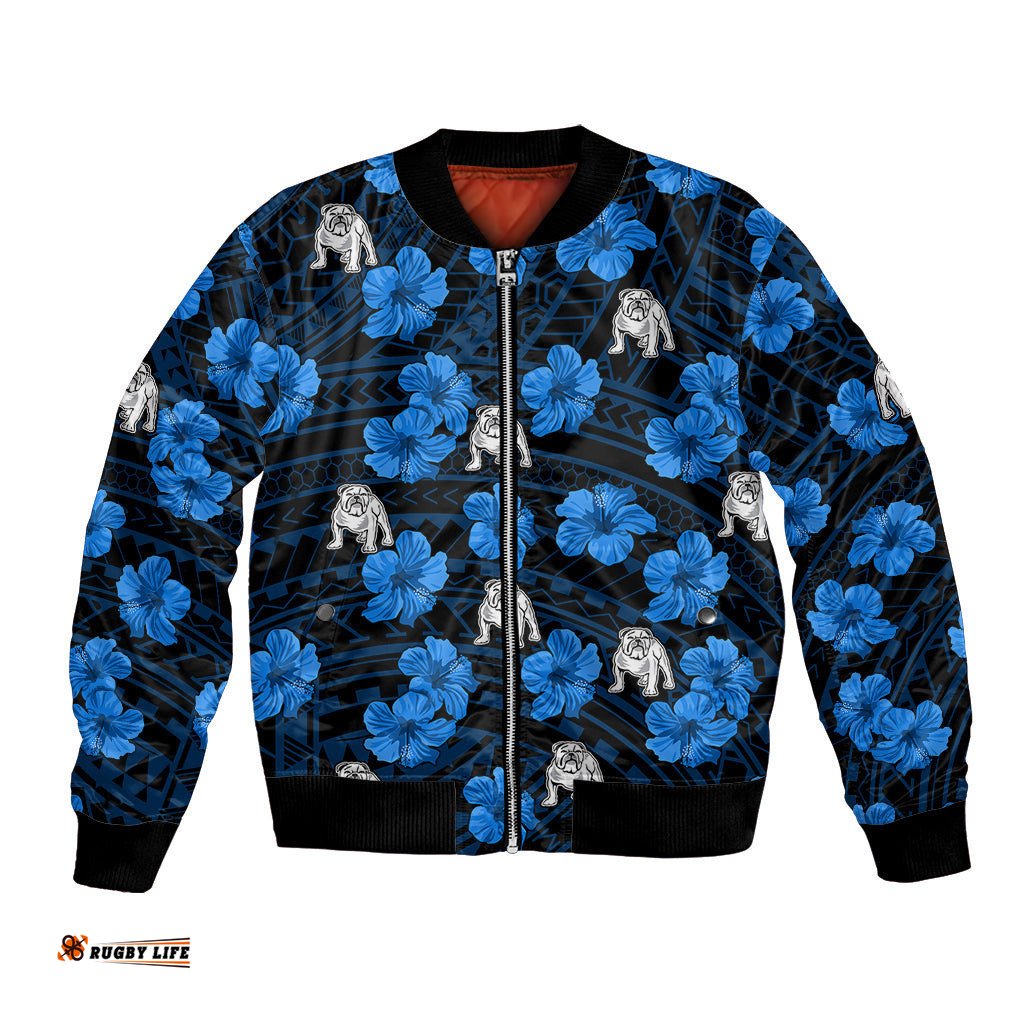 Custom Text And Number Bulldogs Rugby Bomber Jacket Polynesian Style With Hibiscus