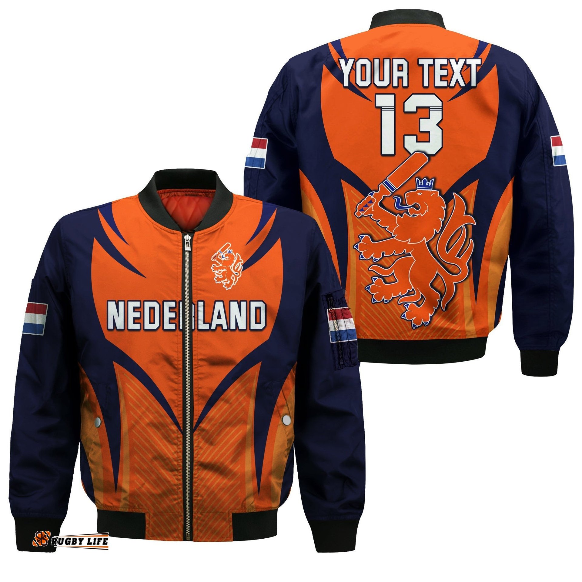 Custom Text and Number Netherlands Cricket Bomber Jacket T20 World Cup Nederland Lion