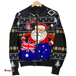 Christmas Personalised Men's Bomber Jacket - Australia Santa Claus Hold The Flag  Black