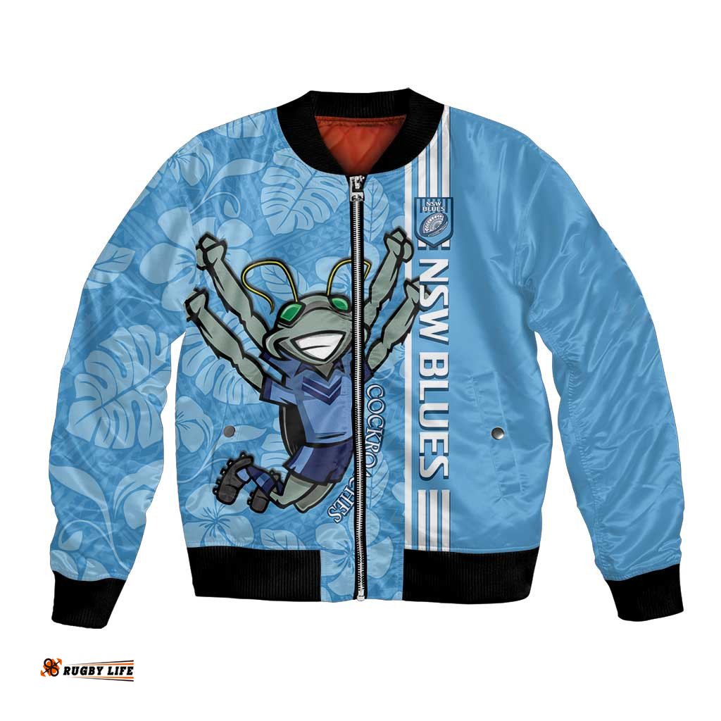 Custom NSW Blues Rugby Bomber Jacket Cockroaches Polynesian Pattern Tropical Vibes