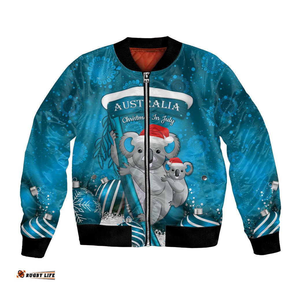 Australia Christmas In July Bomber Jacket Mommy and Baby Koala Santa - Blue