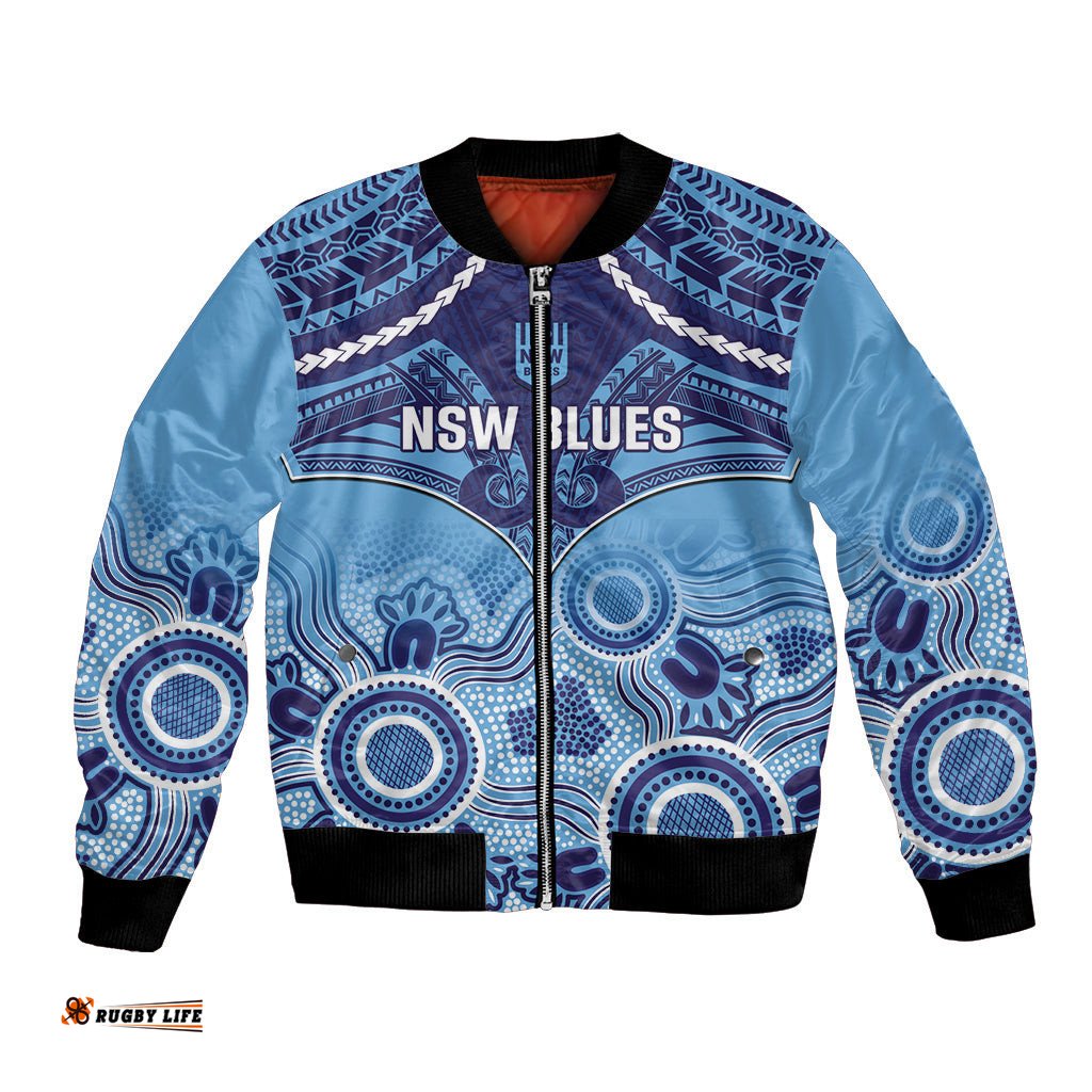Custom NSW Blues Rugby Bomber Jacket Aboriginal Mix Polynesian Pattern