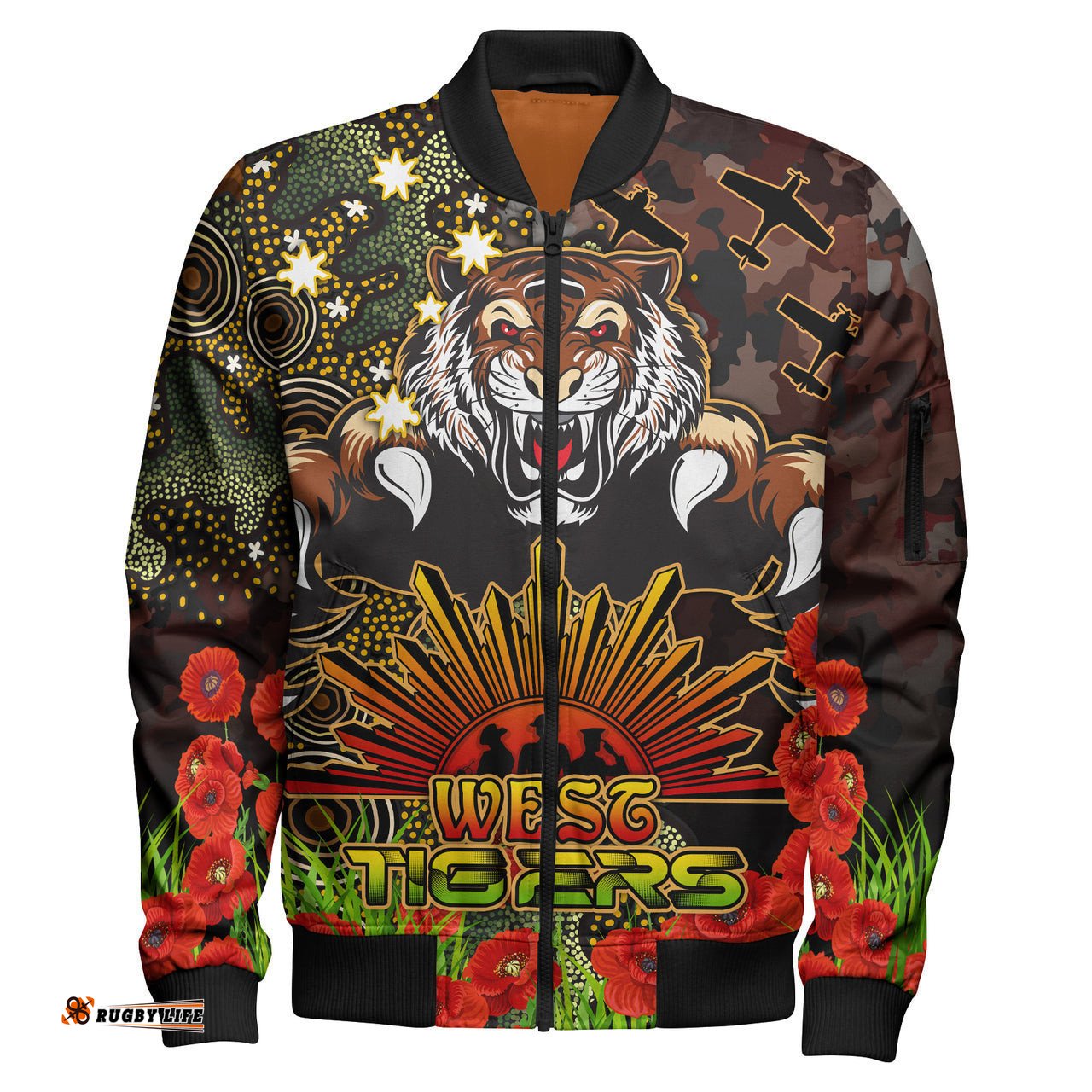 tigers rugby bomber jacket custom anzac tigers with remembrance poppy and indigenous patterns bomber jacket