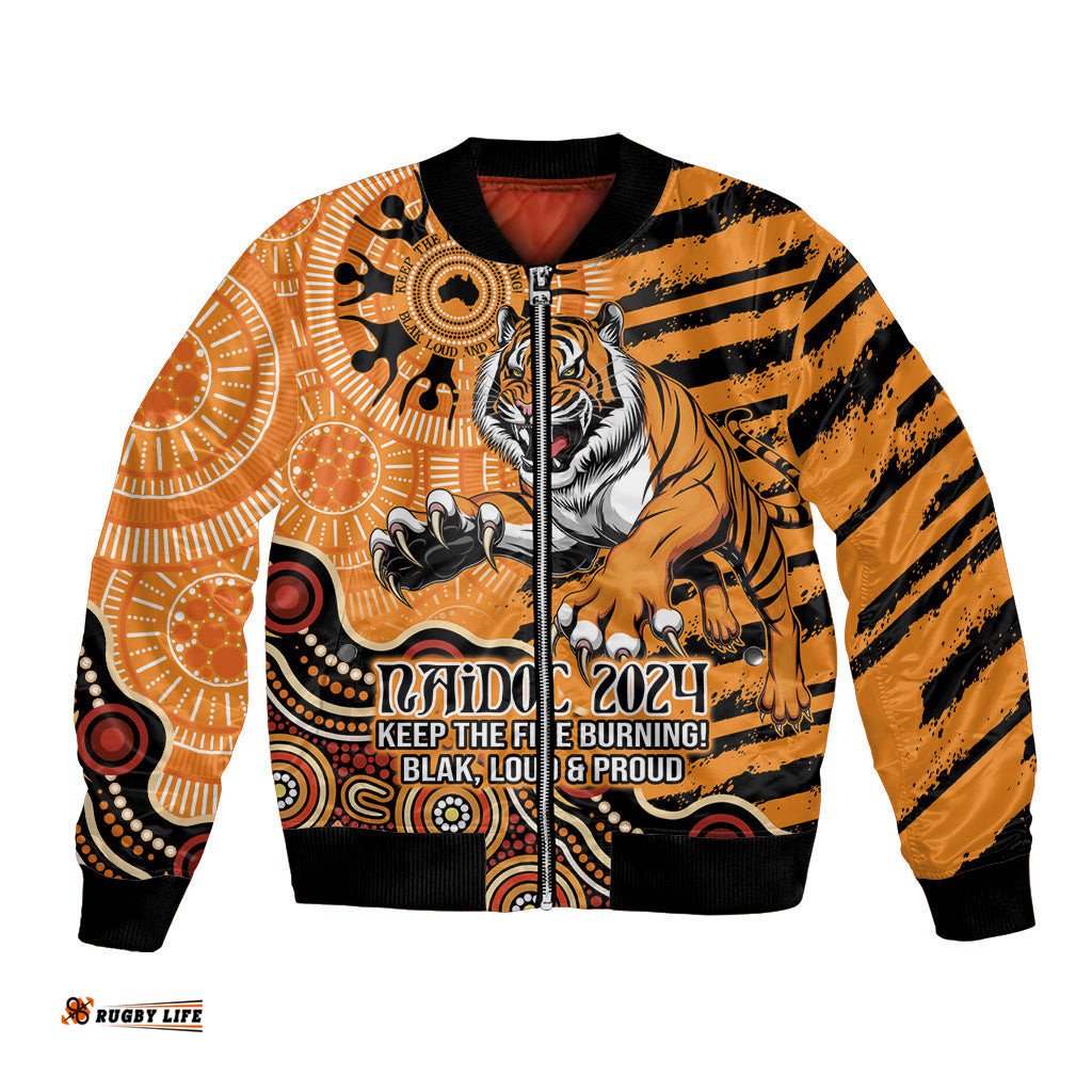 Personalised Wests Tigers NAIDOC Week 2024 Bomber Jacket Aboriginal Fire Burning Sparks