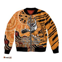 Personalised Wests Tigers NAIDOC Week 2024 Bomber Jacket Aboriginal Fire Burning Sparks