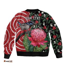 Personalised Australia Waratah And Superb Fairywren Bomber Jacket Aboriginal Art