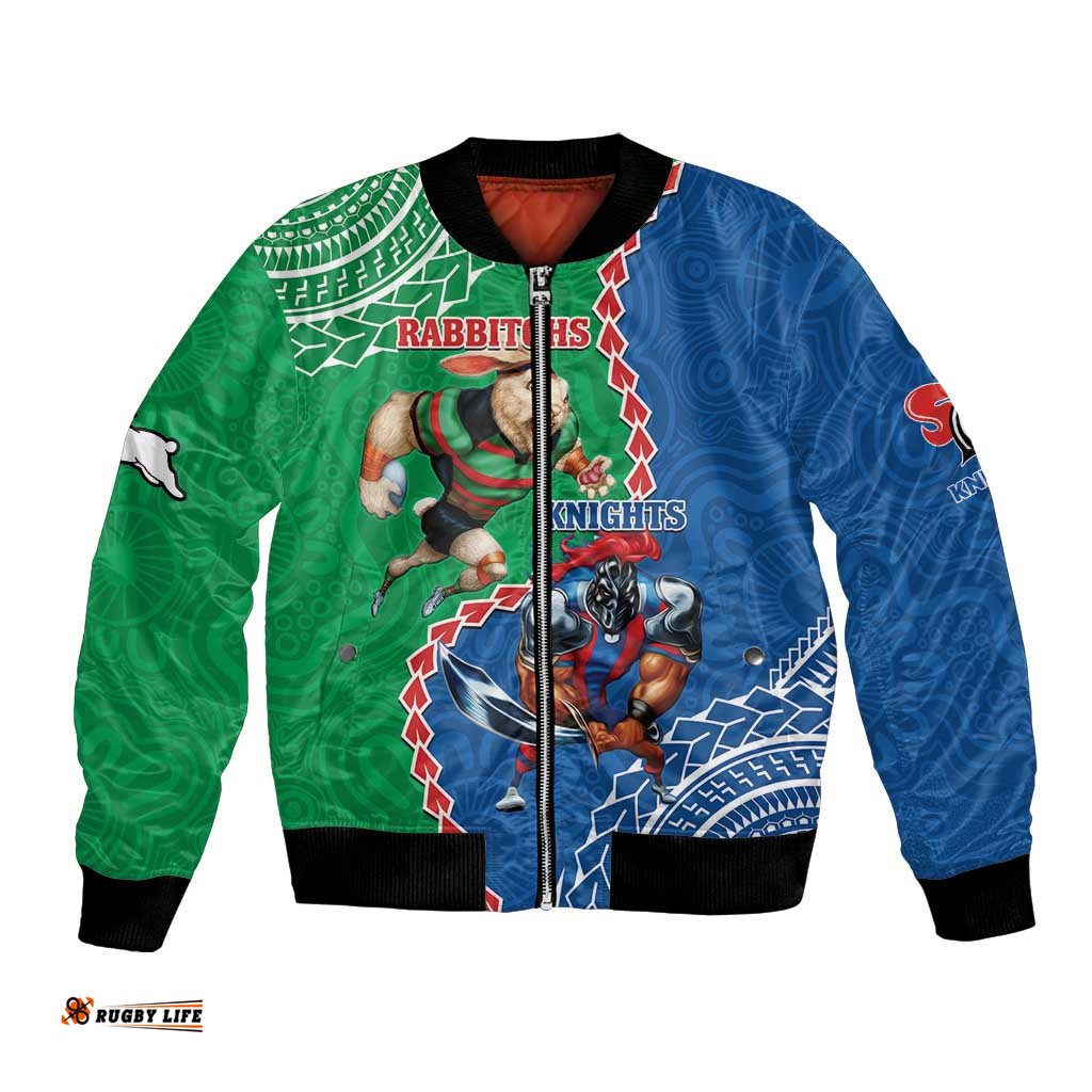 Personalised Rabbitohs And Knights Rugby Bomber Jacket Aboriginal Mix Polynesian Pattern
