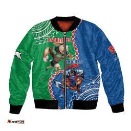 Personalised Rabbitohs And Knights Rugby Bomber Jacket Aboriginal Mix Polynesian Pattern
