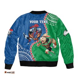 Personalised Rabbitohs And Knights Rugby Bomber Jacket Aboriginal Mix Polynesian Pattern