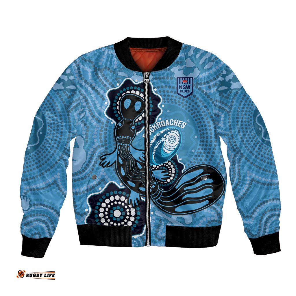 Custom NSW Blues Rugby Bomber Jacket 2024 Platypus Mix Aboriginal Art