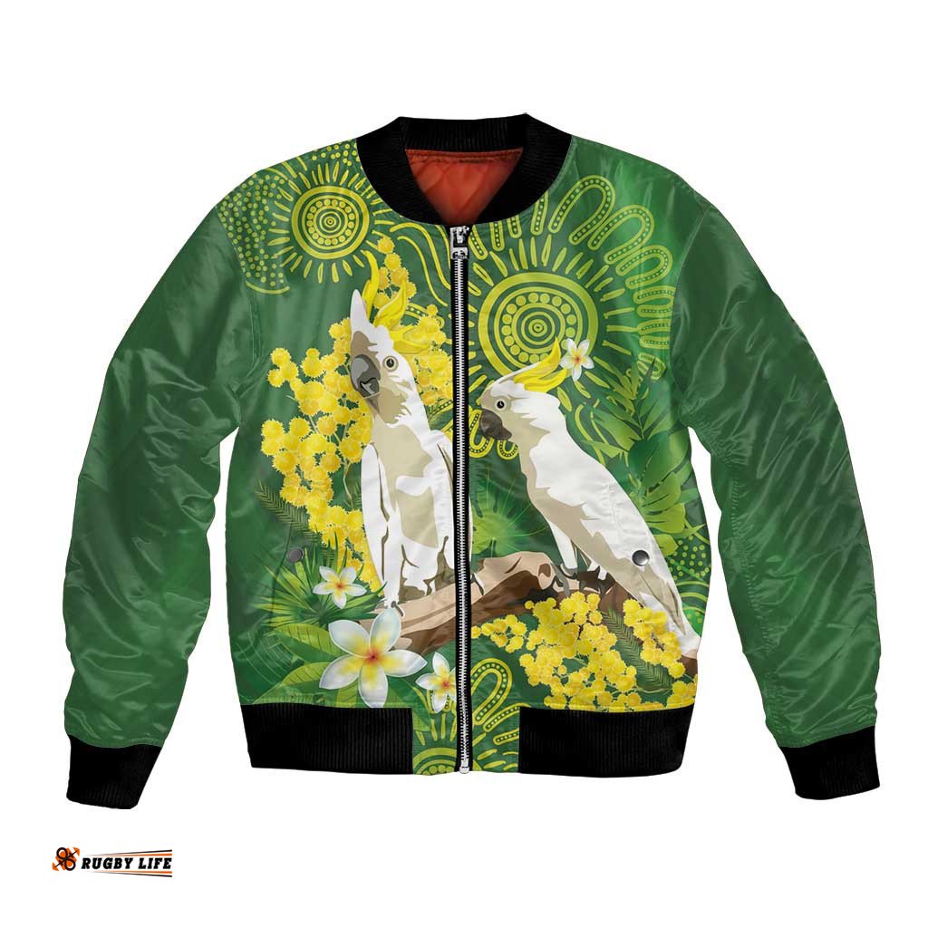 Personalised Australia Golden Wattle And Cacatua Galerita Bomber Jacket Aboriginal Art