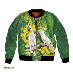 Personalised Australia Golden Wattle And Cacatua Galerita Bomber Jacket Aboriginal Art