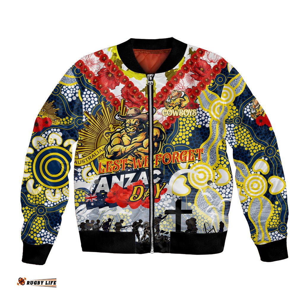Personalised Cowboys ANZAC Day Bomber Jacket Aboriginal Rising Sun