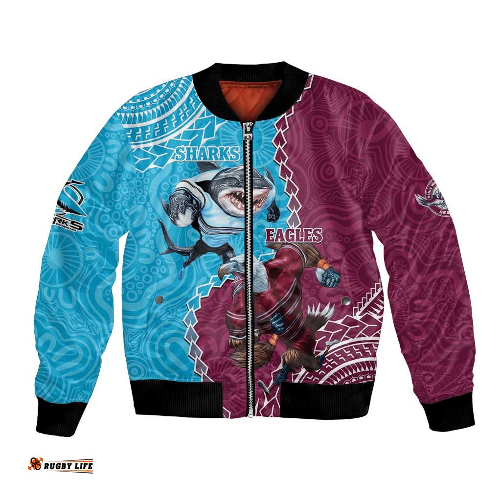 Personalised Eagles And Sharks Rugby Bomber Jacket Aboriginal Mix Polynesian Pattern