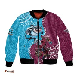 Personalised Eagles And Sharks Rugby Bomber Jacket Aboriginal Mix Polynesian Pattern