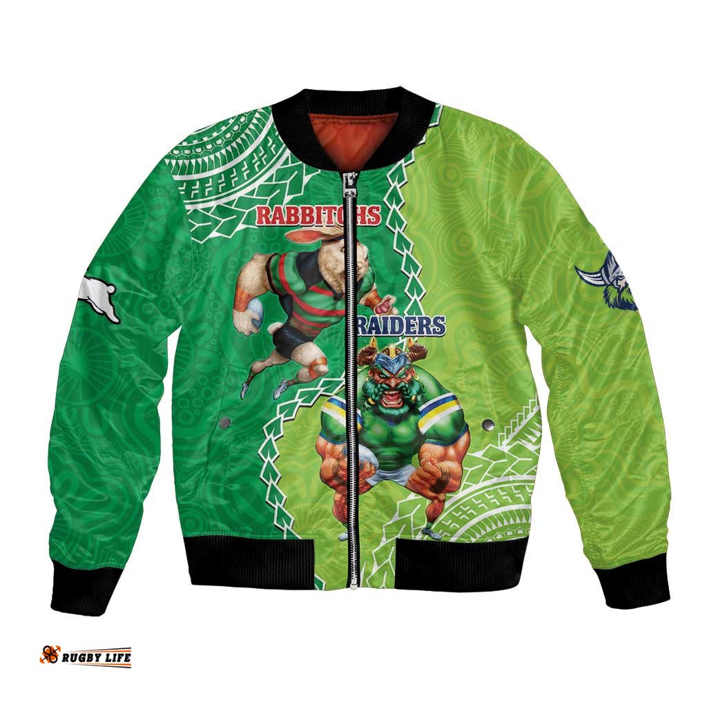 Personalised Rabbitohs And Raiders Rugby Bomber Jacket Aboriginal Mix Polynesian Pattern