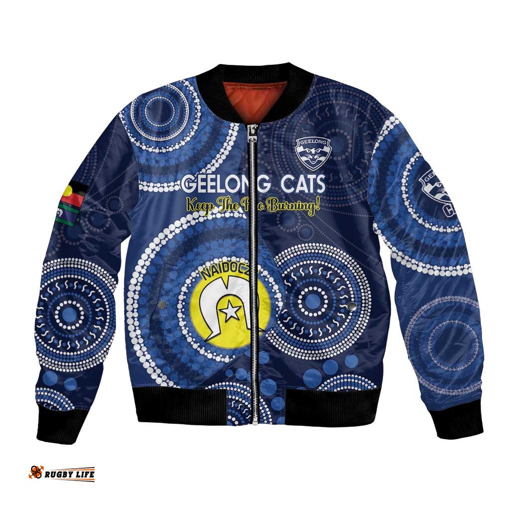 Custom AFL Geelong NAIDOC Week Bomber Jacket Keep The Fire Burning Indigenous Art