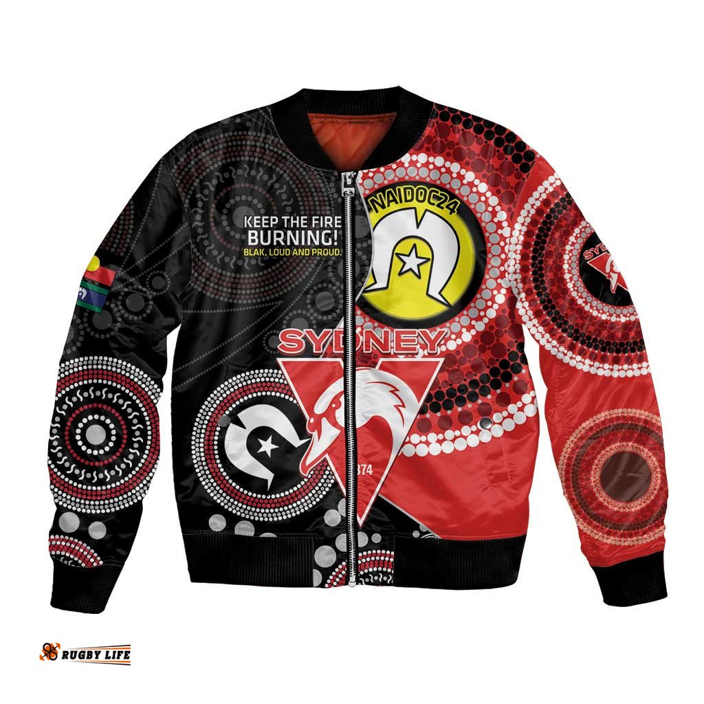 Custom AFL Swans NAIDOC Week Bomber Jacket Keep The Fire Burning Indigenous Art
