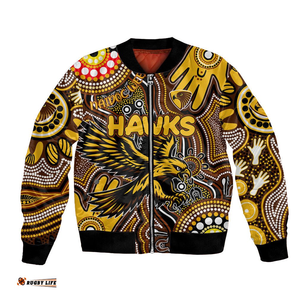 Personalised NAIDOC Week 2024 Hawthorn Hawks Bomber Jacket Australian Aboriginal Hand Painting