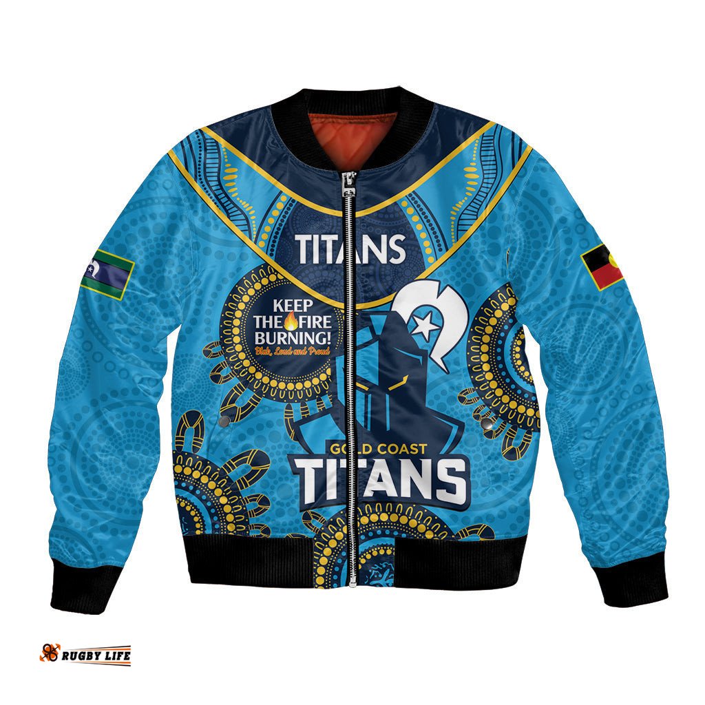 Custom NRL Titans NAIDOC Week Bomber Jacket Keep The Fire Burning Indigenous Art