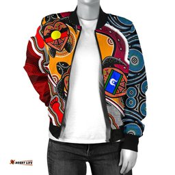 Women's Bomber Jacket - Australia Aboriginal Dots With Turtle and NAIDOC Flags