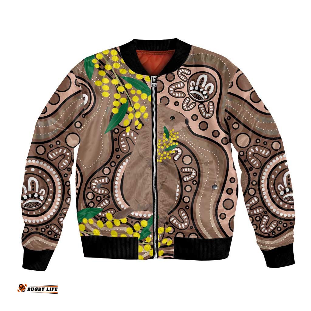 Australia Cute Quokka Bomber Jacket Indigenous Art With Golden Wattle