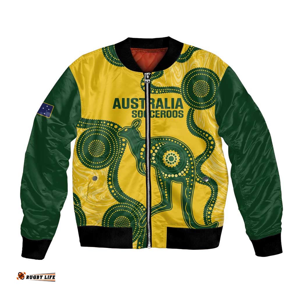 Custom Australia Soccer Bomber Jacket Go Socceroos Kangaroo With Indigenous Art