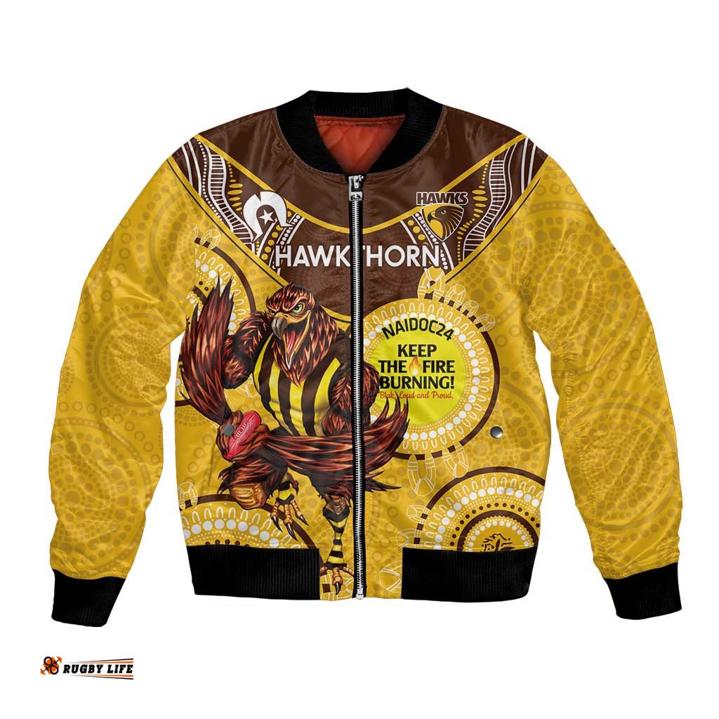 Custom AFL Hawkthorn NAIDOC Week Bomber Jacket Keep The Fire Burning Indigenous Art