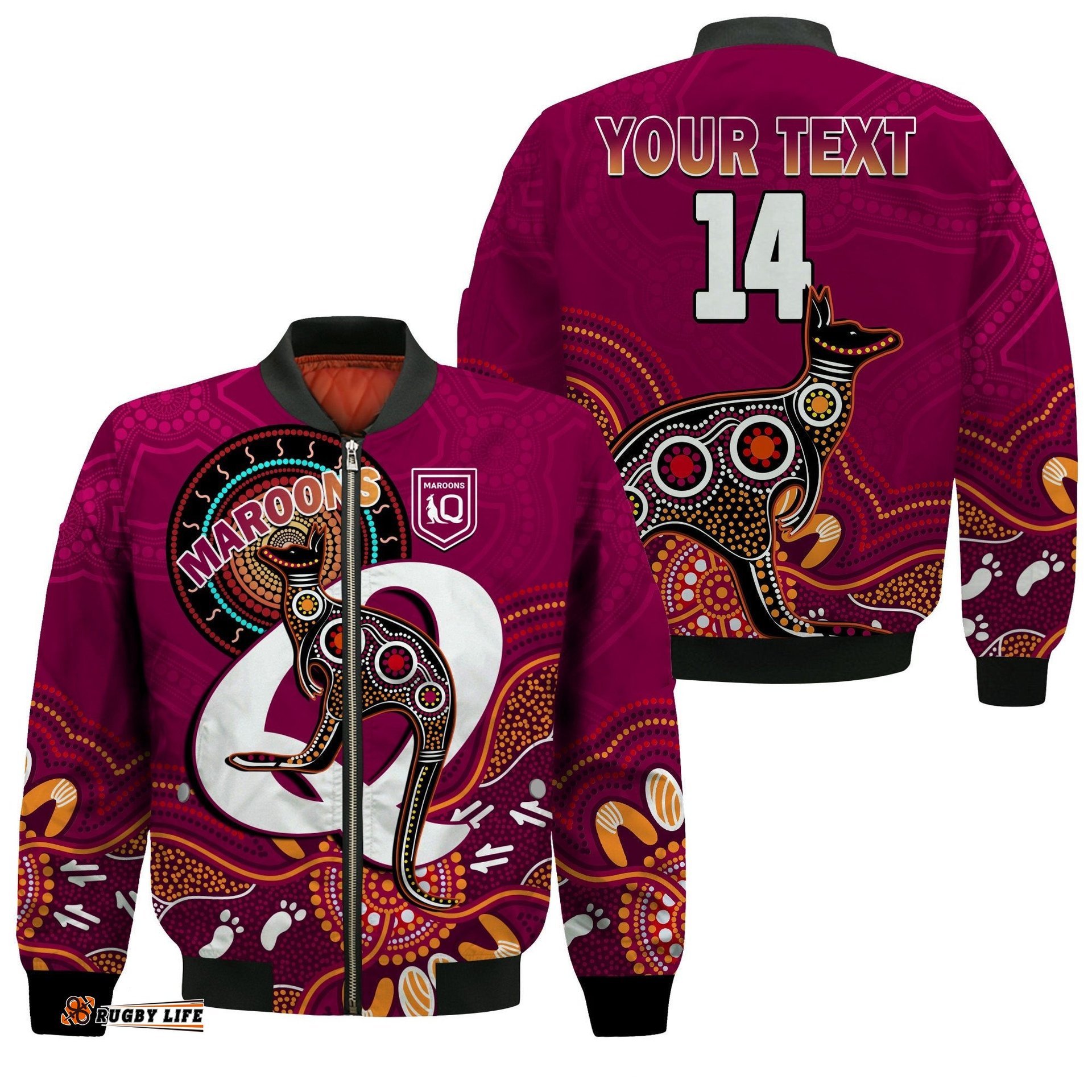 Custom Text And Number Maroons Rugby Bomber Jacket Queensland Kangaroo Aboriginal Dot Paintings