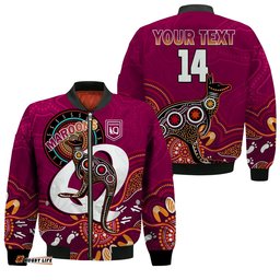 Custom Text And Number Maroons Rugby Bomber Jacket Queensland Kangaroo Aboriginal Dot Paintings