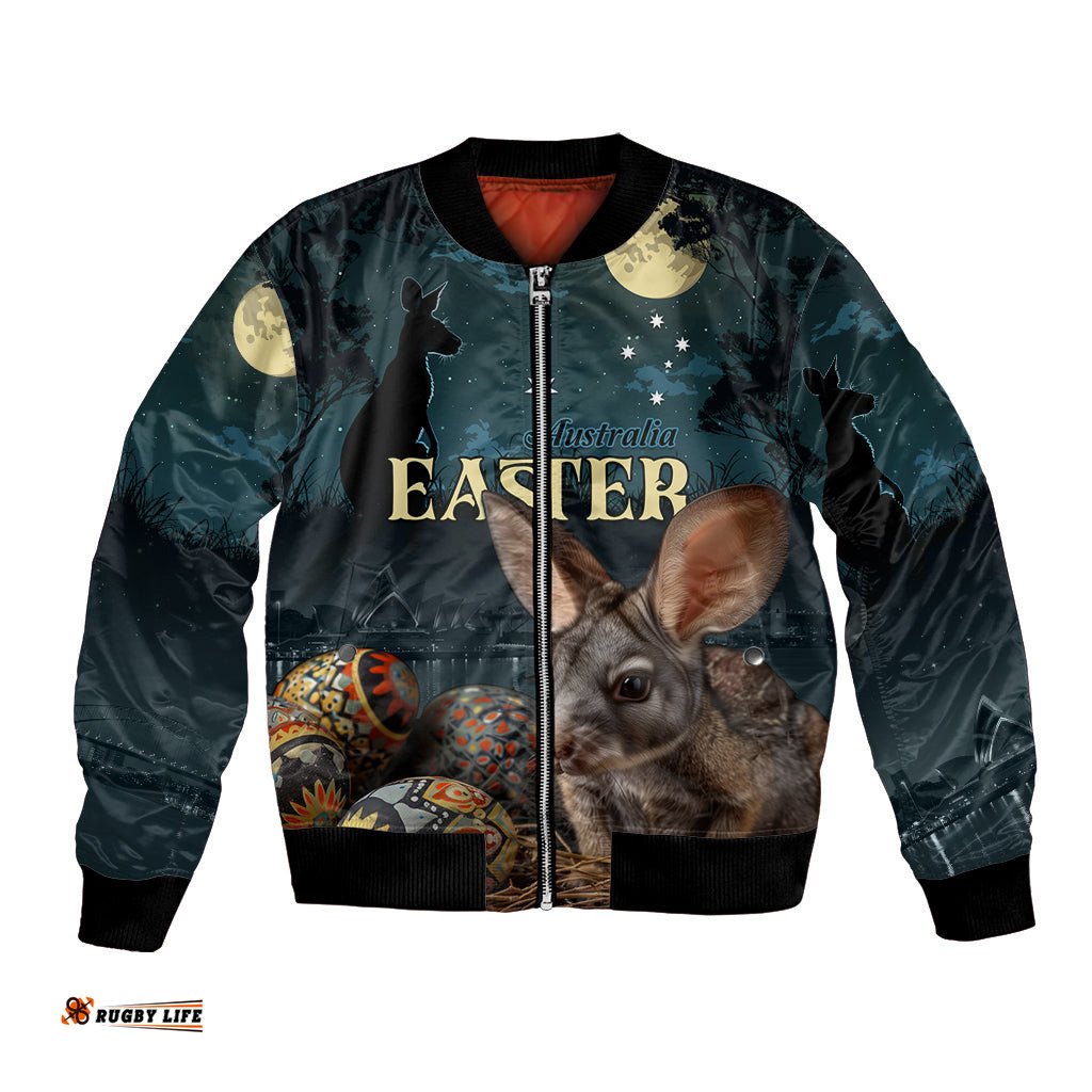 Australia Easter 2024 Bomber Jacket Bunny With Aboriginal Eggs At Starry Night