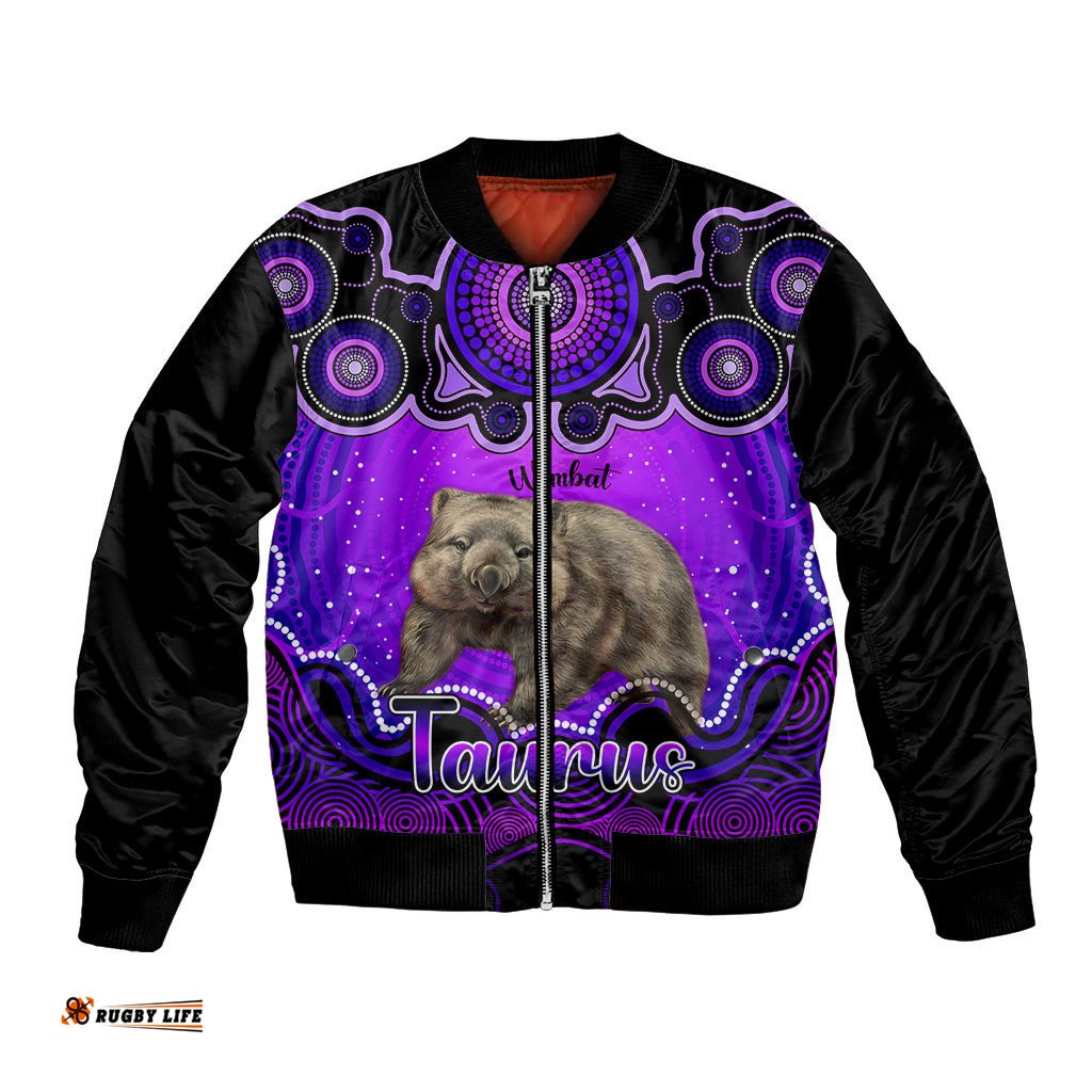 Personalised Australia Taurus Wombat Zodiac Bomber Jacket Auz Astrology Aboriginal - Purple