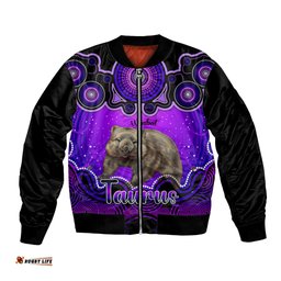 Personalised Australia Taurus Wombat Zodiac Bomber Jacket Auz Astrology Aboriginal - Purple