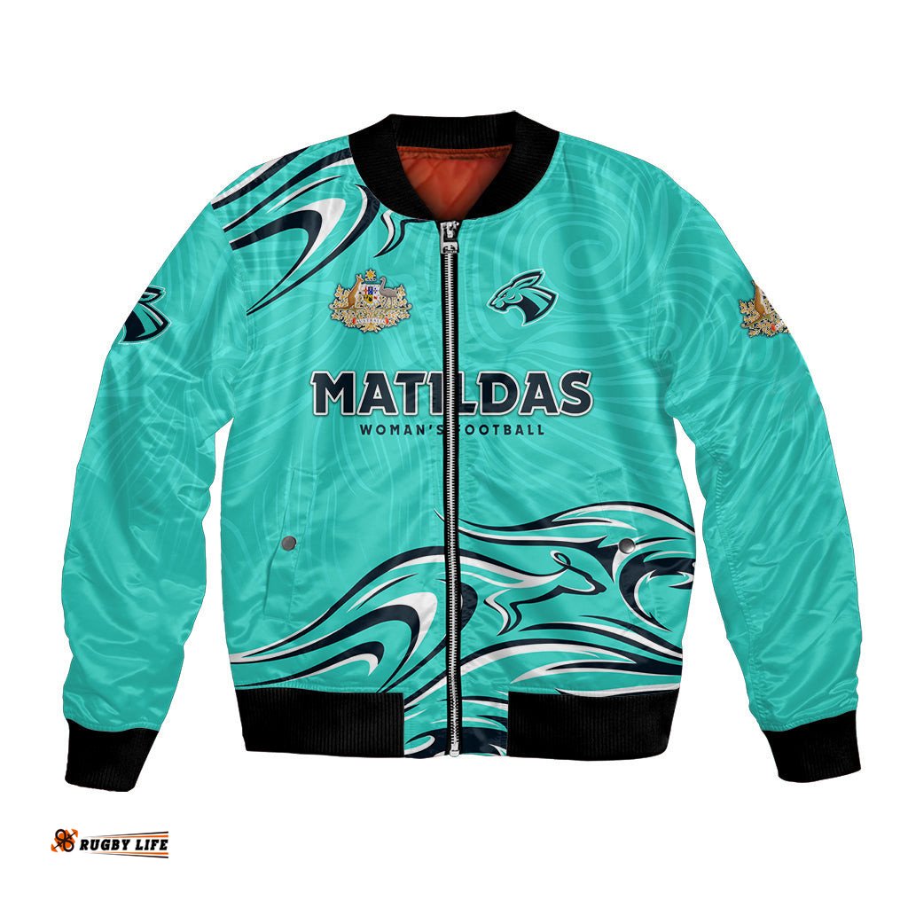 Personalised Australia Soccer Matildas Bomber Jacket Kangaroo Tornado Turquoise