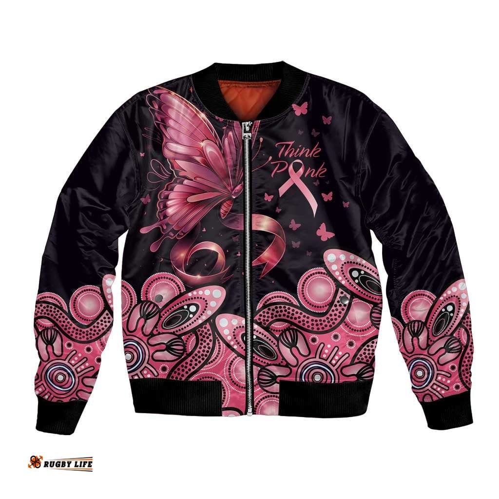 Think Pink Butterfly Ribbon Aboriginal Art Bomber Jacket