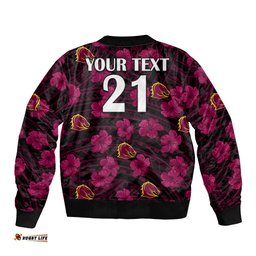 Custom Text And Number Broncos Rugby Bomber Jacket Polynesian Style With Hibiscus