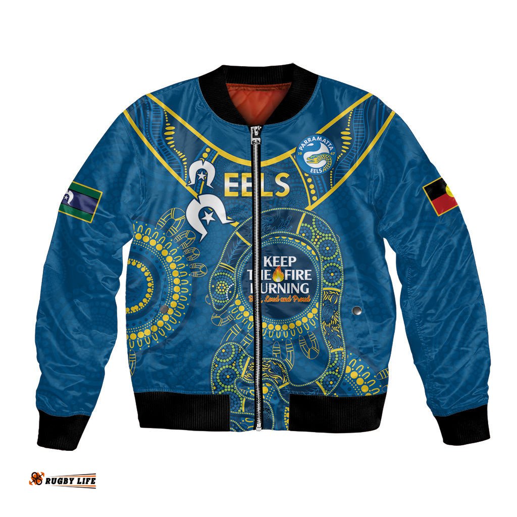 Custom NRL Eels NAIDOC Week Bomber Jacket Keep The Fire Burning Indigenous Art