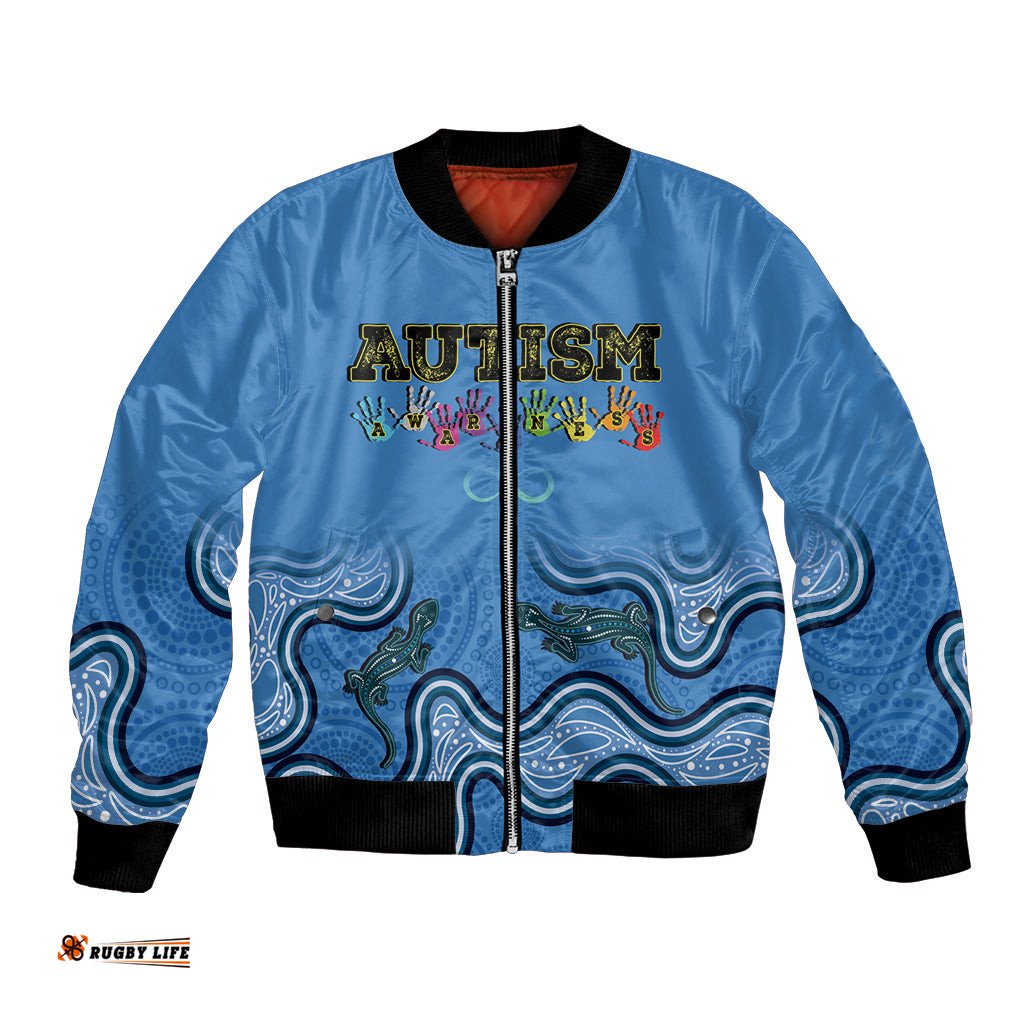 Australia Autism Awareness Bomber Jacket In April We Wear Blue Aboriginal Lizard