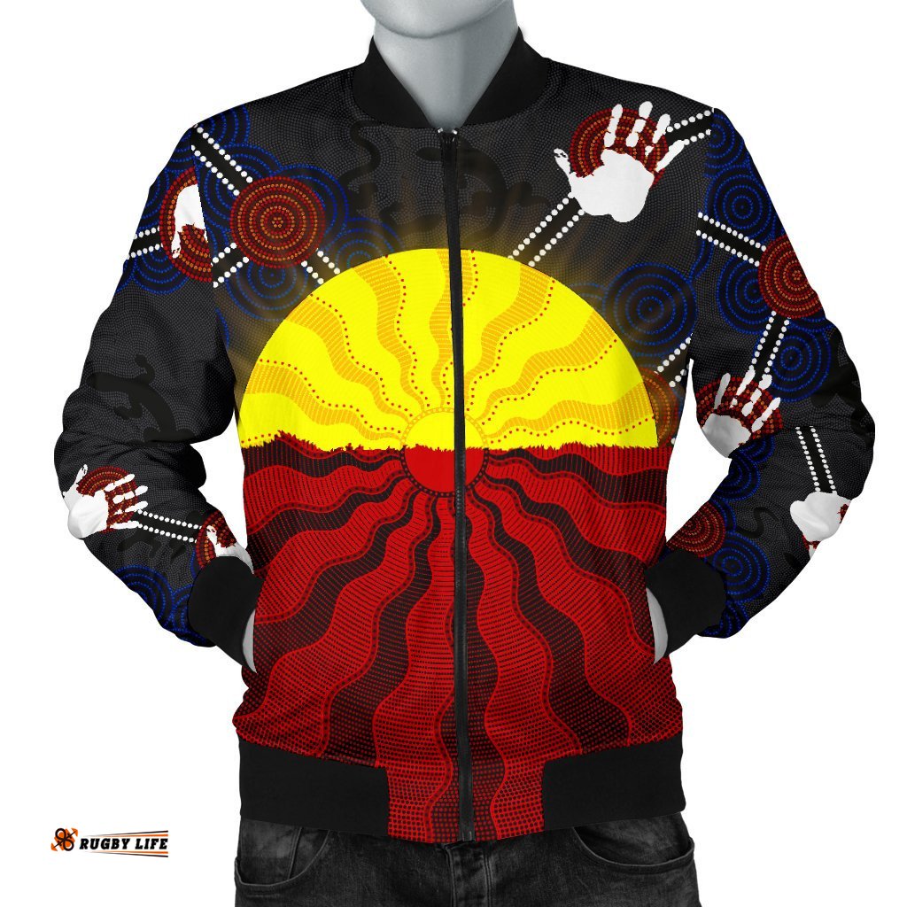 Aboriginal Men's Bomber Jacket,Aboriginal Lives Matter Flag Sun Dot Painting