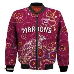 Custom Text And Number Maroons Rugby Bomber Jacket Kangaroo Indigenous Pattern Unique Version