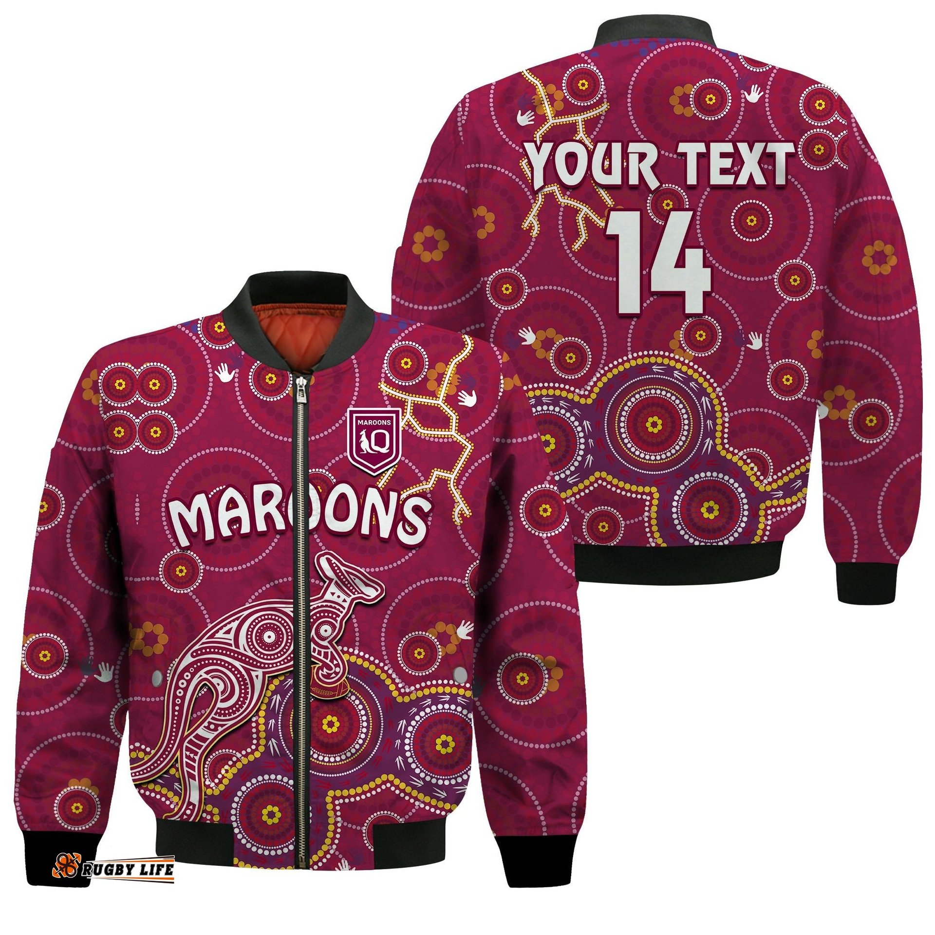 Custom Text And Number Maroons Rugby Bomber Jacket Kangaroo Indigenous Pattern Unique Version