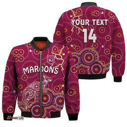 Custom Text And Number Maroons Rugby Bomber Jacket Kangaroo Indigenous Pattern Unique Version