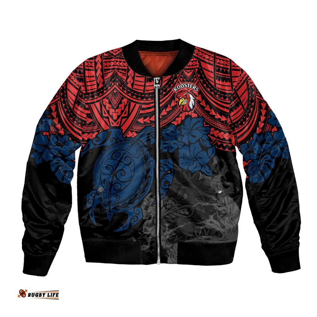 Custom Roosters Rugby Bomber Jacket Sydney Hibiscus and Turtle With Polynesian Pattern