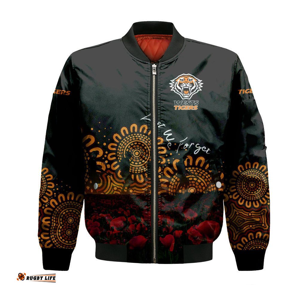 Wests Tigers Bomber Jacket Personalized Aboriginal Rugby Anzac Day Poppy With Soldiers - NRL