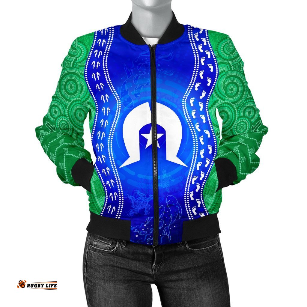Torres Strait Islanders Women's Bomber Jacket - Torres Symbol With Aboriginal Patterns