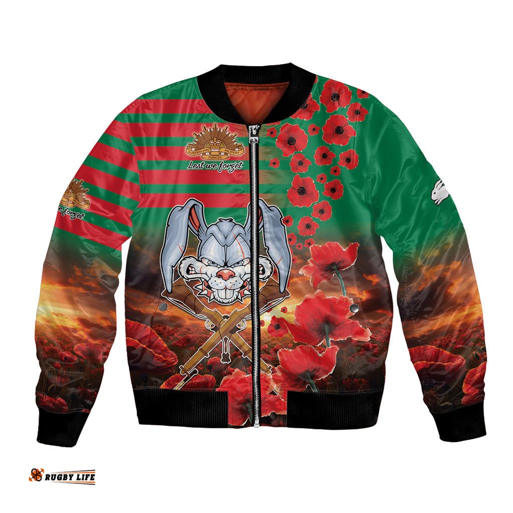 Personalised Rabbitohs Rugby ANZAC Bomber Jacket Starry Night and Field of Poppies